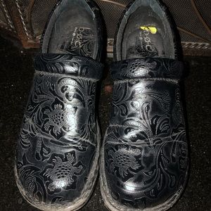 B.O.C. Black embossed clogs, size 9.
